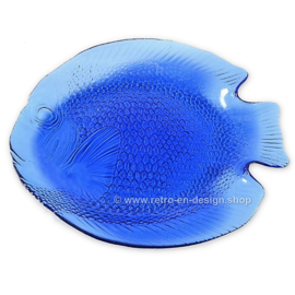 Glazen blauw transparante visschaal, serveerschaal van Arcoroc France, Poisson