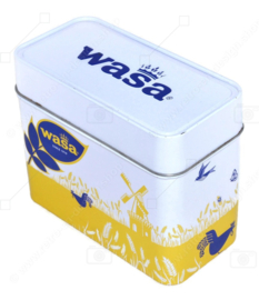 Vintage blikken trommel in geel, wit en blauw van Wasa voor crackers