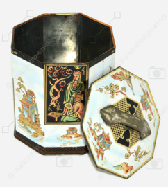 Vintage Peek, Frean & Co. Ltd biscuit tin in the shape of a tea box decorated in an oriental style, circa 1950