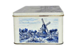 Vintage rechthoekige blikken trommel met diverse molens in Delfts blauw/wit
