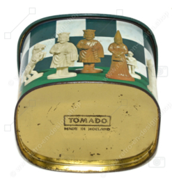 Vintage blik Tomado met afbeelding van schaakstukken
