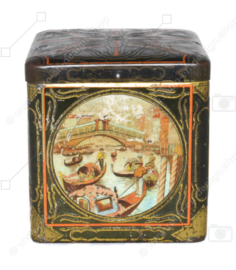 Square vintage cocoa tin in cube shape with images of Venice for C.J. VAN HOUTEN