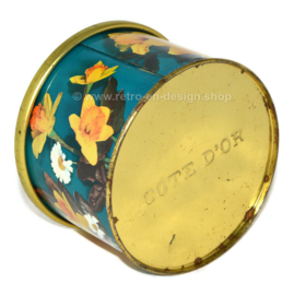 Boîte étain vintage avec bouton et motif floral de jonquilles et de marguerites par Côte d'Or