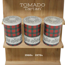 Hermoso juego vintage de tres latas de almacenamiento Tomado en patrón "Tartar"