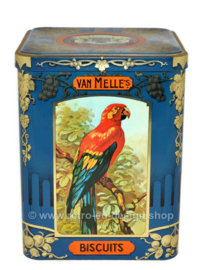 Blikken trommel voor Van Melle biscuits met aan drie zijden afbeeldingen van verschillende tropische vogels