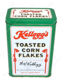 Vintage tin of Kellogg's Cornflakes, green storage tin, There's a Good Time Coming