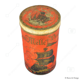 Red tall tin canister depicting sailing ships for VAN MELLE Fruit Drops