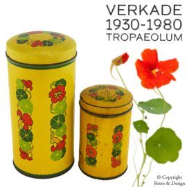 Boîte à biscuits cylindrique jaune Verkade vintage et demi-biscuit avec motif de capucine