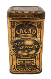 Rechthoekige hoge goudkleurige blikken trommel voor 1/2 kg. cacao van C. Jamin, Rotterdam