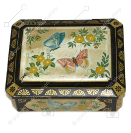 Vintage rectangular tin on feet with images of butterflies