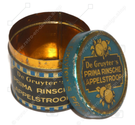 Blue / gold striped vintage tin with apples for apple syrup made by De Gruyter