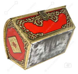 Large vintage red pentagon-shaped tin box with gold-coloured details