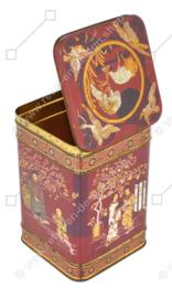 Vintage red-brown English tea tin with various oriental images