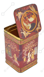 Boîte à thé anglaise vintage rouge-brun avec diverses images orientales