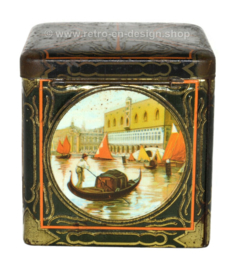 Square vintage cocoa tin in cube shape with images of Venice  for C.J. VAN HOUTEN