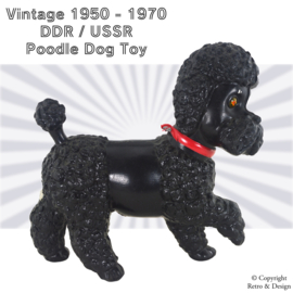 Único juguete vintage de plástico, caniche, de la antigua RDA/URSS - Negro con un collar rojo y cabeza giratoria