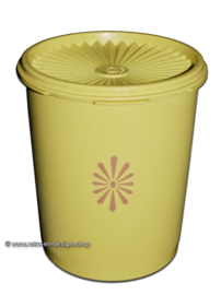 Gele vintage Tupperware trommel met zonnedeksel h. 13 cm.