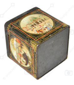 Square vintage cocoa tin in cube shape with images of Venice for C.J. VAN HOUTEN