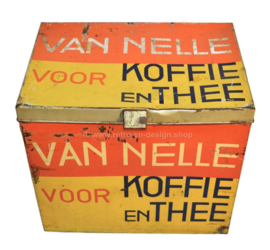 Large rectangular Van Nelle storage tin for coffee and tea in yellow, red and black