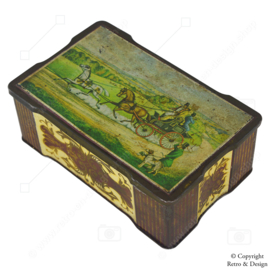 Rectangular vintage tin with a carriage, two horses, a gentleman with top hat, and two dogs