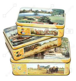 Set of three vintage tins, “De Bruin, koek” with various Dutch cities, Honing in uw woning!