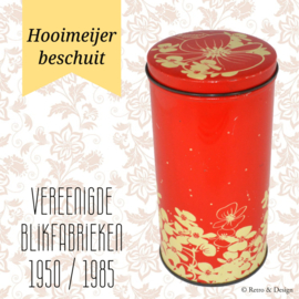Vintage blikken Hooimeijer beschuitbus in rood met witte bloemen