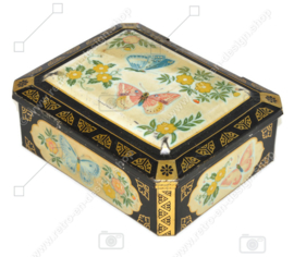 Vintage rectangular tin on feet with images of butterflies