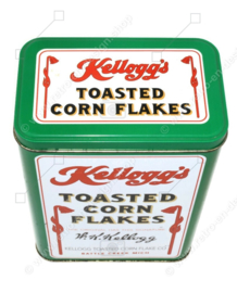 Vintage tin of Kellogg's Cornflakes, green storage tin, There's a Good Time Coming