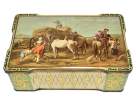 Lata rectangular con una escena de cosecha con caballos