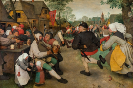 Antieke blikken trommel met schilderijen van Pieter Breugel de Oude