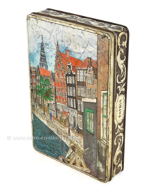 Rechteckige Vintage Blechdose von Patria Biscuits mit Amsterdamer Kanalhäusern und dem Wester Turm