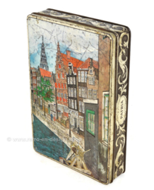 Rechthoekig vintage blik van Patria Biscuits met Amsterdamse grachtenhuizen en Westertoren