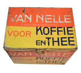 Large rectangular Van Nelle storage tin for coffee and tea in yellow, red and black