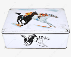 Vintage tin by Van Melle with an image of horses and jockeys