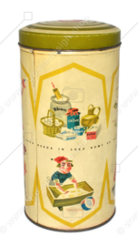 Vintage round cylindrical Hille rusk tin with drawings of the work of a rusk baker