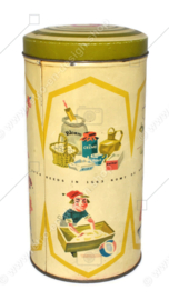 Boîte à biscottes Hille cylindrique ronde vintage avec des dessins du travail d'un boulanger de biscottes