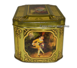 Vintage tin box with romantic scenes. Made by "De Gruyter goudmerk thee"