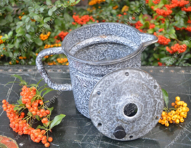 Gray clouded, enamelled milk boiler with spout. Loose lid with holes