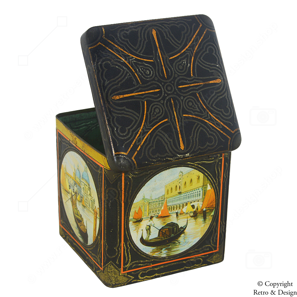 Vintage Van Houten Dose – Würfelförmig mit farbenfrohen Venedig-Motiven