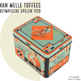 "Tauchen Sie ein in die Olympische Nostalgie: Wunderschöne Vintage-Blechdose von Van Melle aus den Spielen von 1928!"