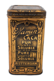 Rectangular high gold-colored tin drum for 1/2 kg. cocoa from C. Jamin, Rotterdam