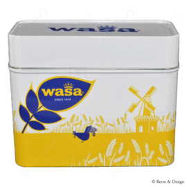 Lata vintage en amarillo, blanco y azul fabricada por Wasa para guardar galletas