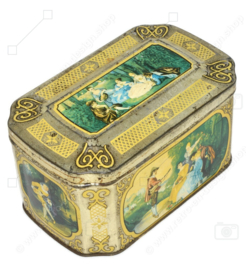 Caja de hojalata con escenas románticas de De Gruyter té de la marca de oro