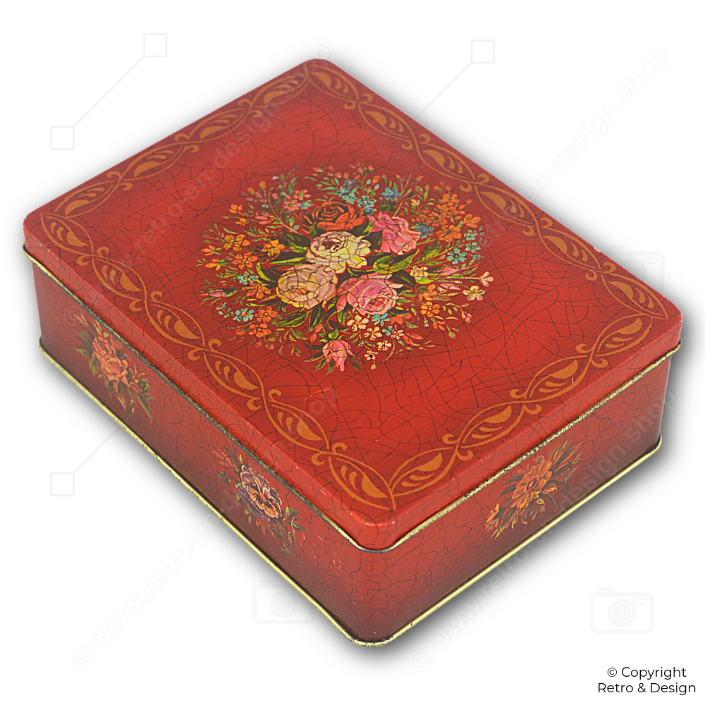 Lata vintage roja con motivo floral – Lata rectangular de almacenamiento con acabado craquelado