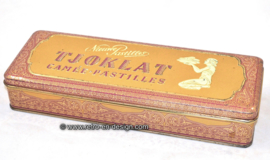 Vintage paars/goudkleurig blik met scharnierend deksel, “TJOKLAT, Camée. Pastilles"