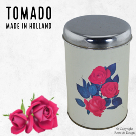 "Vintage Tomado Blik made in Holland: Wit met Rode Rozen en Groen Blad!"