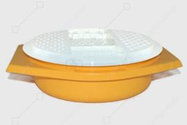 Vintage Tupperware schaafschaal in geel met witte rasp en transparant deksel