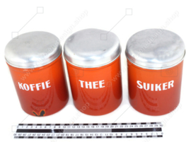 Brocante set orange/brown enamel storage containers for coffee, sugar and tea