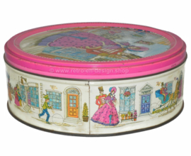 Ronde vintage blikken trommel Quality Street van Mackintosh met de dame en soldaat