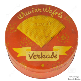 Authentiek Vintage Verkade Koekblik "Waaier Wafels" - Elegant Oranje Met Bloemendecoratie (ca. 1930-1935)